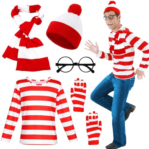 Glirop 5pcs Red and White Striped Set for Adult, Cosplay Costume Set with Long Sleeved Shirt Beanie Hat Glasses Scarf Gloves, Fancy Dress Outfit for World Book Day Halloween Christmas Theme Party (S)