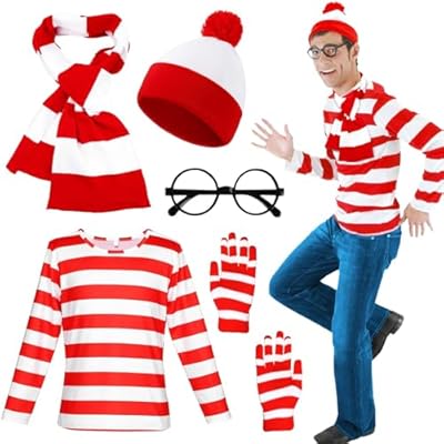 Conjunto de 5 piezas de disfraz de rayas rojas y blancas para adultos, conjunto de disfraz de cosplay con camisa de manga larga, gorro, gafas, bufanda, guantes, disfraz para el Día Mundial del Libro, | Ya disponible en tu tienda friki favorita! En mundofriki.es!