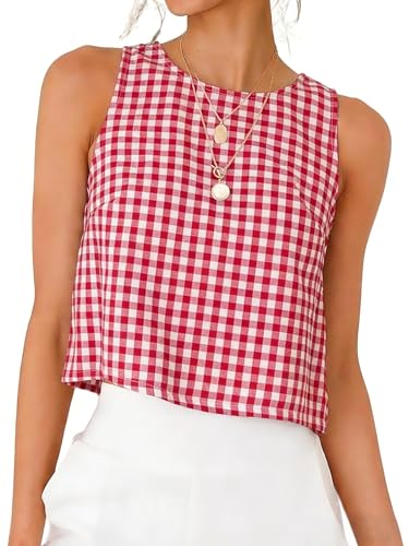 IDEALSANXUN Red Gingham Top 2026 Spring Summer Checkered Plaid Tank Top Sleeveless Shirt Blouse Vest Wine S