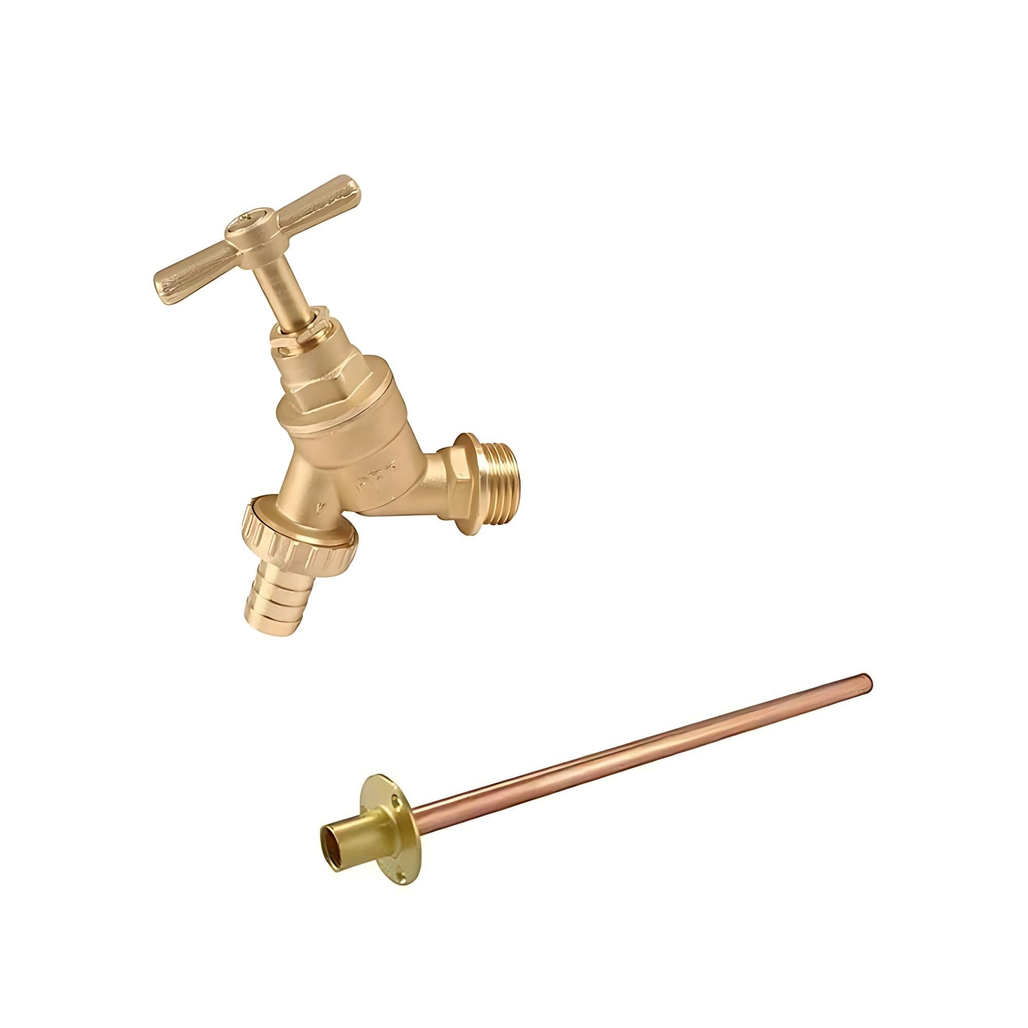 Robinet de Jardin Extérieur - Robinet Bibcock en Laiton avec Filetage BSP 1/2" et Raccord à Compression pour Tubes 15mm(Tap+15mm Wallplate 35cm Tube)