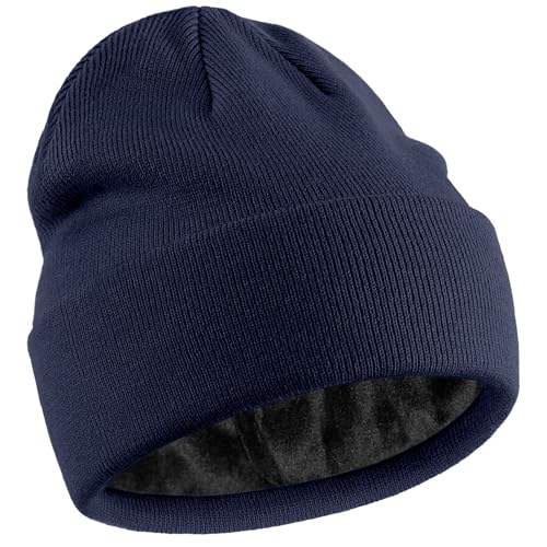 Fleece Lined Wool Beanie for Men Women Knit Winter Hats Warm Cuffed Stocking Skull Cap Fashion Slouchy Beanies Navy Blue