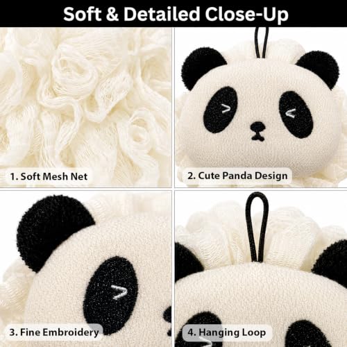 Image of Luxe Home International Bath Sponge For Kids And Adult Microfibre Soft Shower Loofah Bliss Panda Pattern Gentle Skin Exfoliating Body Scrubber For Toddler Cream 11x13cm Pack Of 1