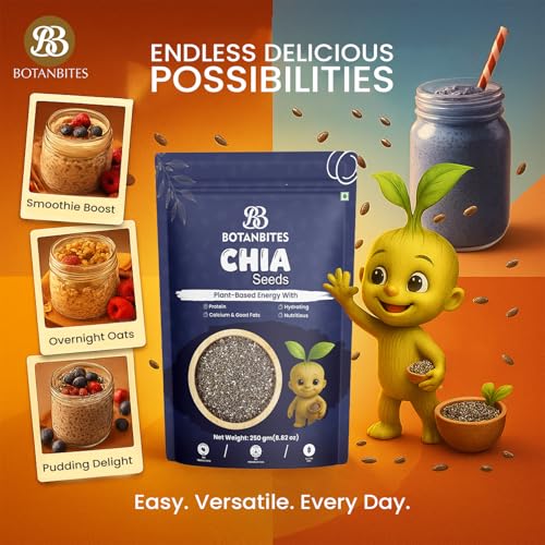 Image of BOTANBITES Chia Seeds 500g | Rich in Omega-3, Fibre & Protein | Superfood for Fat Loss, Digestion & Energy | Gluten-Free & Vegan Seeds for Eating | Ideal for Smoothies, Salads & Puddings (500g)