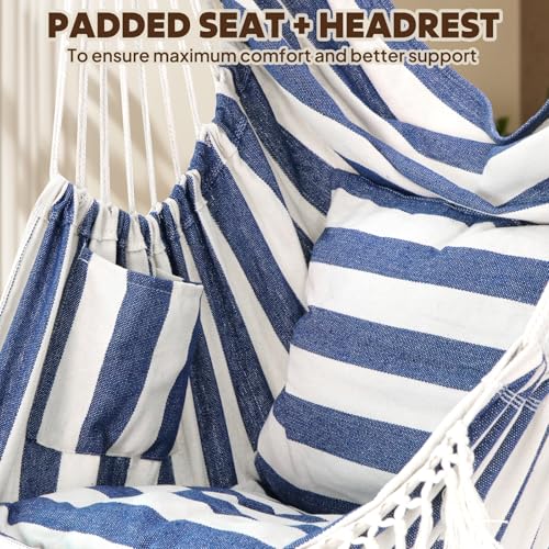 Image of Chihee Hammock Chair Hanging Chair with Foot Rest 2 Cushions Max 500lbs Robust Metal Spreader Bar Collapsible Easy Storage Soft Cotton Swing Chair Strong Strap Iron Carabiner Side Pocket Included