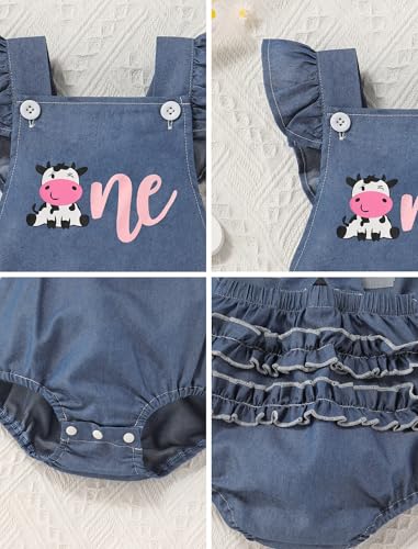 ODASDO Baby Girl Denim Romper 1st Birthday Cake Smash Outfit Ruffled Bodysuit Summer Jeans Jumpsuit with Headband4