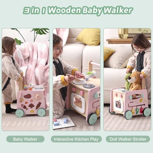 wiqins Wooden Baby Walker 9-in-1 Activity Center with Toddlers Montessori Sensory Toys and Play Kitchen Push Walker for Kids with Wheels and Storage Space, Ideal Gift for Girls Boys Ages 6-36 Month