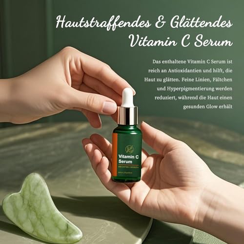 Jade Roller Gesicht Vitamin C Serum und Guasha Stein Massage Set, Natural Gesichtsroller, Glättendes Serum, Massage Roller für geschwollene Augen, Hautstraffung, Jawline, feine Linien