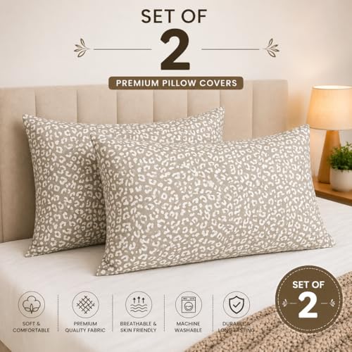 Image of Cotton Pillow Cover Set (1 Pair) | 20x30 Inch | Soft Breathable Cotton Fabric - Comfortable, Durable & Easy Care - 2 Pcs Set |Beige Wild Spot Print