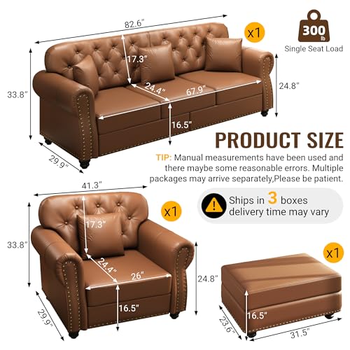 Image of KEIKI 2-Piece Chesterfield Sofa Set with 1 Faux Leather 3-Seater Sofa & 1 Single Sofa, Upholstered 4-Seater Couch Set with Nailhead Trim & Rolled Arms & 1 Ottoman & 4 Pillow, for Living Room, Brown