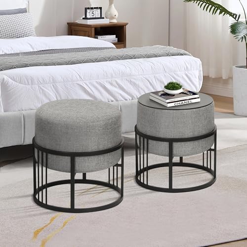 [en.casa] Lot de 2 poufs empilables avec Fonction de Table 2 in 1 Tabouret Rond Repose-Pieds Rembourré Multifonctionnel Élégant pour Salon Séjour Polyester MDF...