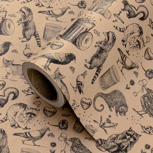 WRAPAHOLIC Kraft Animal Wrapping Paper Roll - Mini Roll - 17 Inch x 16.5 Feet - Vintage Funny Trash Friends Opossum Rat Crow Cat Skunk Mouse Design Perfect for Birthday Party Holiday