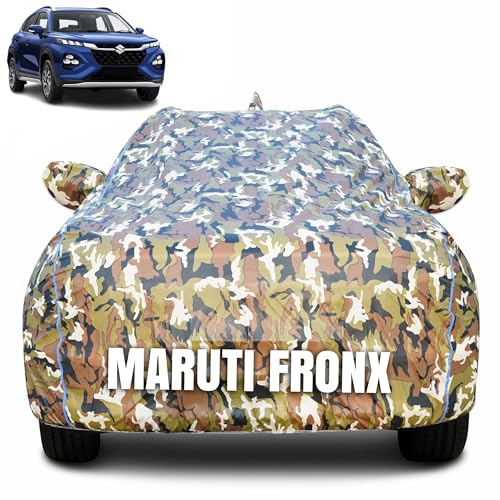 Image of 100% Waterproof Car Body Cover for Maruti Suzuki Fronx (2012-2024) with Mirror Pocket (Heat & UV Resistant, Triple Stitched, Soft Lining, Bottom Elastic & Piping) Camouflage, Military Print