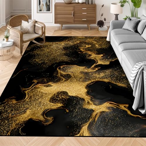 Tapete abstracto mármol 160x210 cm antideslizante negro dorado miniatura 3