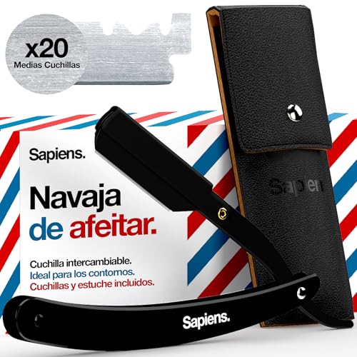 Sapiens Barbershop Navaja de Afeitar Hombre - Navaja de Barbero para Barba + 25 Medias Cuchillas de Afeitar Derby + Funda Protectora - Cuchilla de Afeitar Hombre