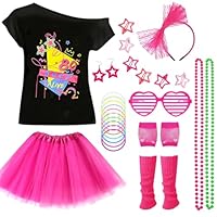 80s Costume Accessories Set for Girls, Fancy Dress Neon Party Outfit with T-shirt Tutu Skirt Fishnet Gloves Leg Warmers Earrings Bracelets Necklaces Hairpins Glasses Headband for Retro Party Cosplay