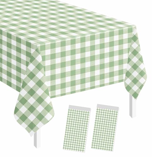 Image of 2 Pack Sage Green Gingham Tablecloth Rectangle 54 x 108 Sage Green and White Checkered Table Cloth Disposable Plaid Table Cover Plastic for Birthday Baby Shower Picnic Wedding Party Supplies