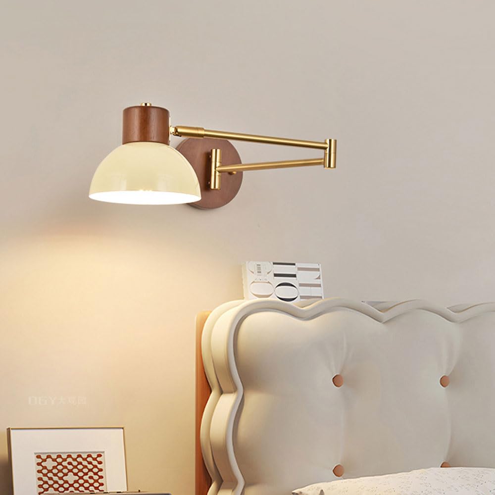 Lámpara de pared de cabecera de madera nórdica, aplique de pared con brazo oscilante dorado, cabecera ajustable flexible, iluminación de lectura, pantalla de metal crema, accesorio de iluminac