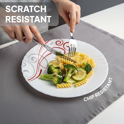 Image of Cello Opalware Imperial Series Red Swirl 10 Pieces Dinner Set | Opal Glass Crockery for 2 | Bone Ash-Free, Lightweight, Elegant White Plate & Bowl Set |Opalglass Dinner Set for Daily Use & Gifting