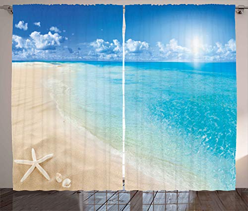 Ambesonne Beach Curtains, Sunny Summer Seashore Scenery with Clear Sky Seashells Starfish and Clouds Aquatic Tone Ocean Picture, Living Room Bedroom Window Drapes 2 Panel Set, 108" X 63", Cream Blue