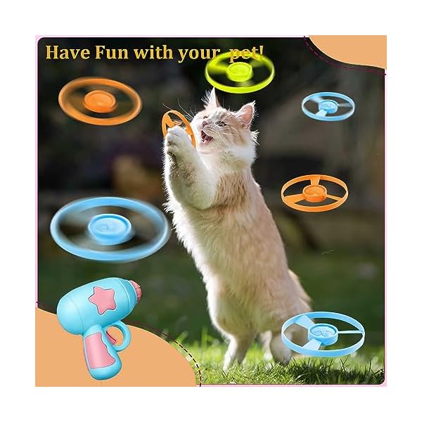 Gamrong Katze-Spielzeug Cat Fetch Toy Haustier Spielzeug für Katze, Cat Toy Sets 1 Blau Launchers und 10 Bunte Fliegende Chasing Untertasse Propellers für Interactive, Training, Jagen, Schlagen – Bild 5