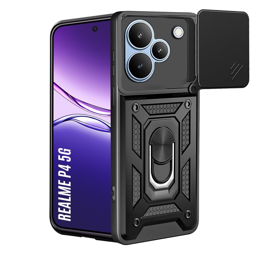 Image of Heavy Duty Back Case Cover for Realme P4 5G, Shockproof Realme P4 Back Cover, Ring Case with Kickstand and Camera Protection Shutter - Black