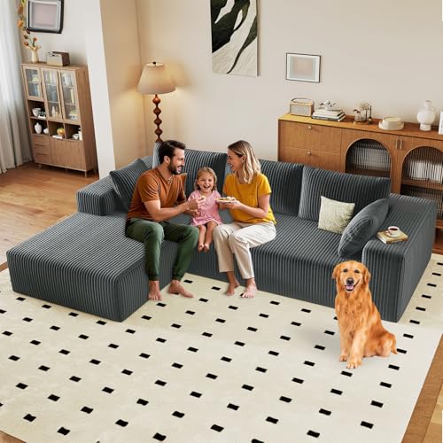 Image of 96 inch Modular Sectional Sofa, Modern Corduroy Cloud Couch with Deep Seat, Boneless Couch Upholstered 3-Seater L-Shaped Sofa for Living Room, No Assembly Required (Dark Grey, Left-Facing Chaise)