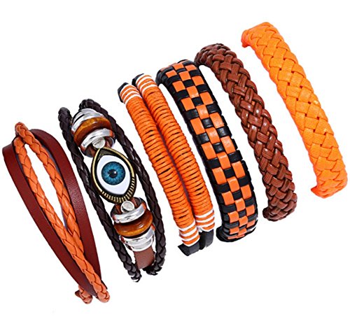 Haodou 6 Piezas Pulsera Tejida de Cuero DIY Retro Étnico de Leather Trenzadas Brazalete Ajustable Wristbands para Hombre Mujer Kit de Pulseras (Naranja)