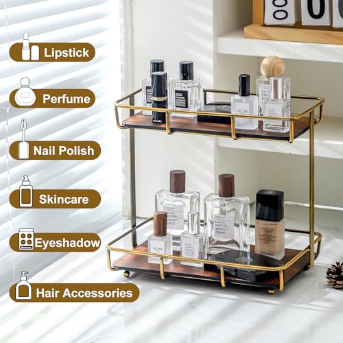 Bathroom Organizer Countertop Perfume Organizer Makeup Organizer Cosmetics Storage Display Rack Vanity Tray Dresser Stainless Steel Gold Shelf Wooden Tray