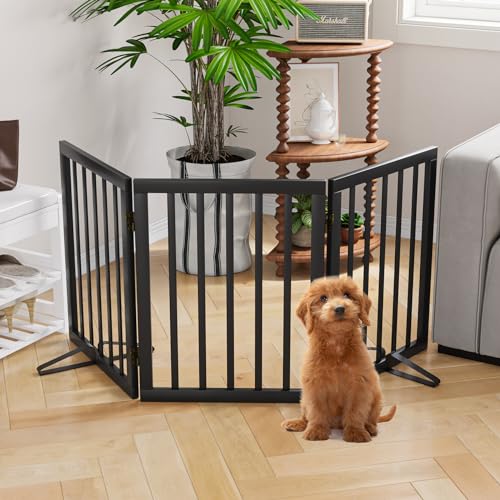 Semiocthome Freistehendes Bambus-Hundegitter für Türen, 3-teilige Welpentore für das Haus mit 2 Metallständern, 61 cm hoch, zusammenklappbares Haustiergitter für Treppen, erweiterbar bis zu 140 cm