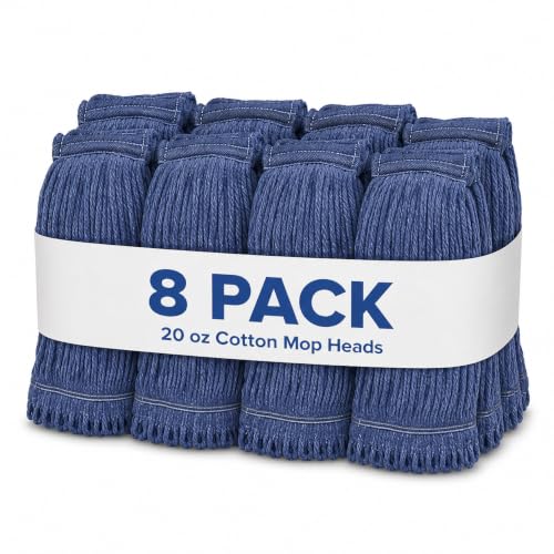 Image of 20oz Heavy Duty Cleaning Mop Head Replacement - 8 Pack - Commercial Replacement, Wet Industrial Blue Cotton Looped End String Head Refill
