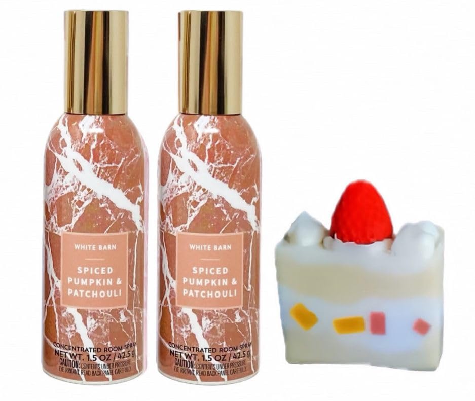 SPICED PUMPKIN PATCHOULI White Barn Bath/Body Work Concentrated  Room Spray oz g and Strawberry Soap Cake (Label Artwork Varies)