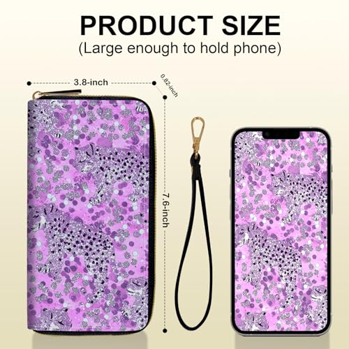 Women's Card Holder Wristlet Wallet, Convenient Travel Long Wallet with Strap and Pink Compact Mirror, Fashion and Sturdy Wristlet Long Purse for Women, Glittery Cheetah3