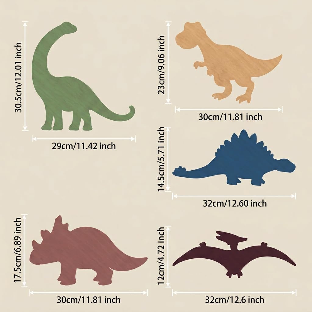 5 PCS Dinosaur Wall Decor, Wooden Dinosaur Wall Art Sculptures for Kids Room Playroom Nursery Classroom, Retro Rustic Wood Dino Decorations for Boys and Girls