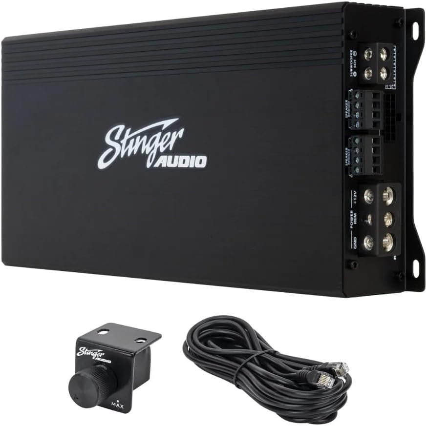 Audio MT-1000.5 Amplificador de audio para automóvil compacto digital Clase D 1200W RMS de 5 canales con control remoto con perilla de graves, refuerzo de graves, MOSFET HEXFET, cruce de paso alto/bajo, filtro subsónico