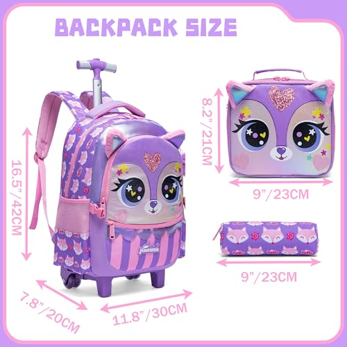 Meetbelify Rolling Backpack for Girls Backpacks with Wheels for Elementary Preschool Students Kids 3 in 1 Travel Luggage Carry on Suitcase for Girls Age 8-102