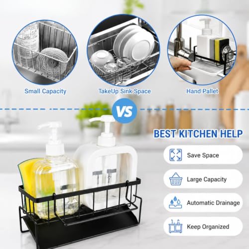 Image of Kitchen Sink Organiser with Drain Tray, Countertop Storage Rack for Dish Soap Sponge Scrubber, Metal Wire Design, Black