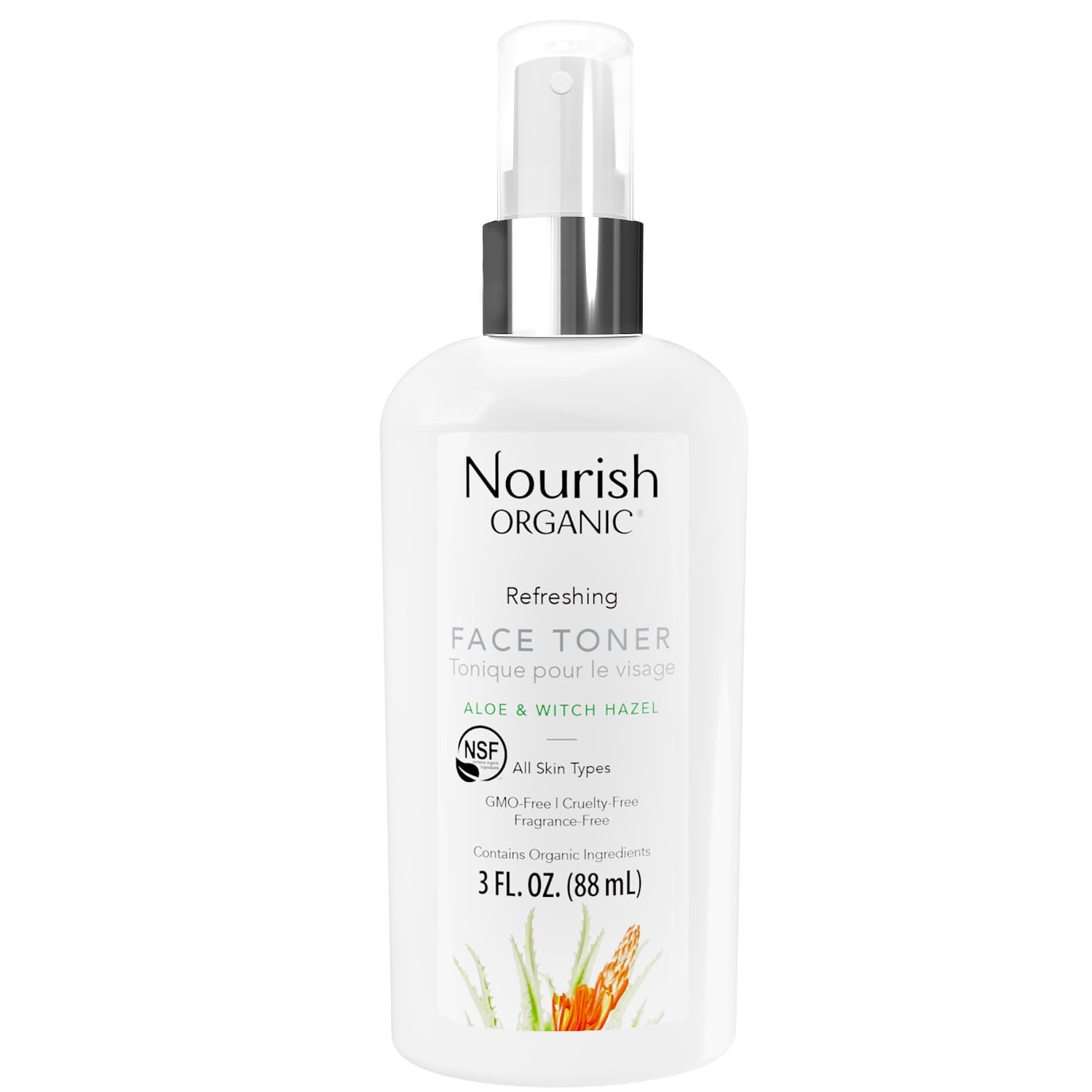 Nourish Organic Face Toner Spray – Alcohol-Free Formula with Witch Hazel, Aloe Vera & Moroccan Rose Flower Extract, 3 Oz + Washable Cotton RoundUSDA Organic