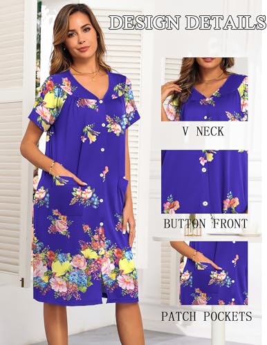 Image of Ekouaer House Dresses for Women with Pockets Button Down Nightgowns Plus Size Moo Moos Mumu Dresses Floral Print S-3XL