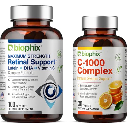 biophix Retinal Support Maximum Strength Complex Formula 100 Capsules - Free C-1000 30 Tablets - Zinc Vitamin C E Lutein DHA Omega-3 Astaxanthin Hyaluronic Acid - Supports Eye Vision Health