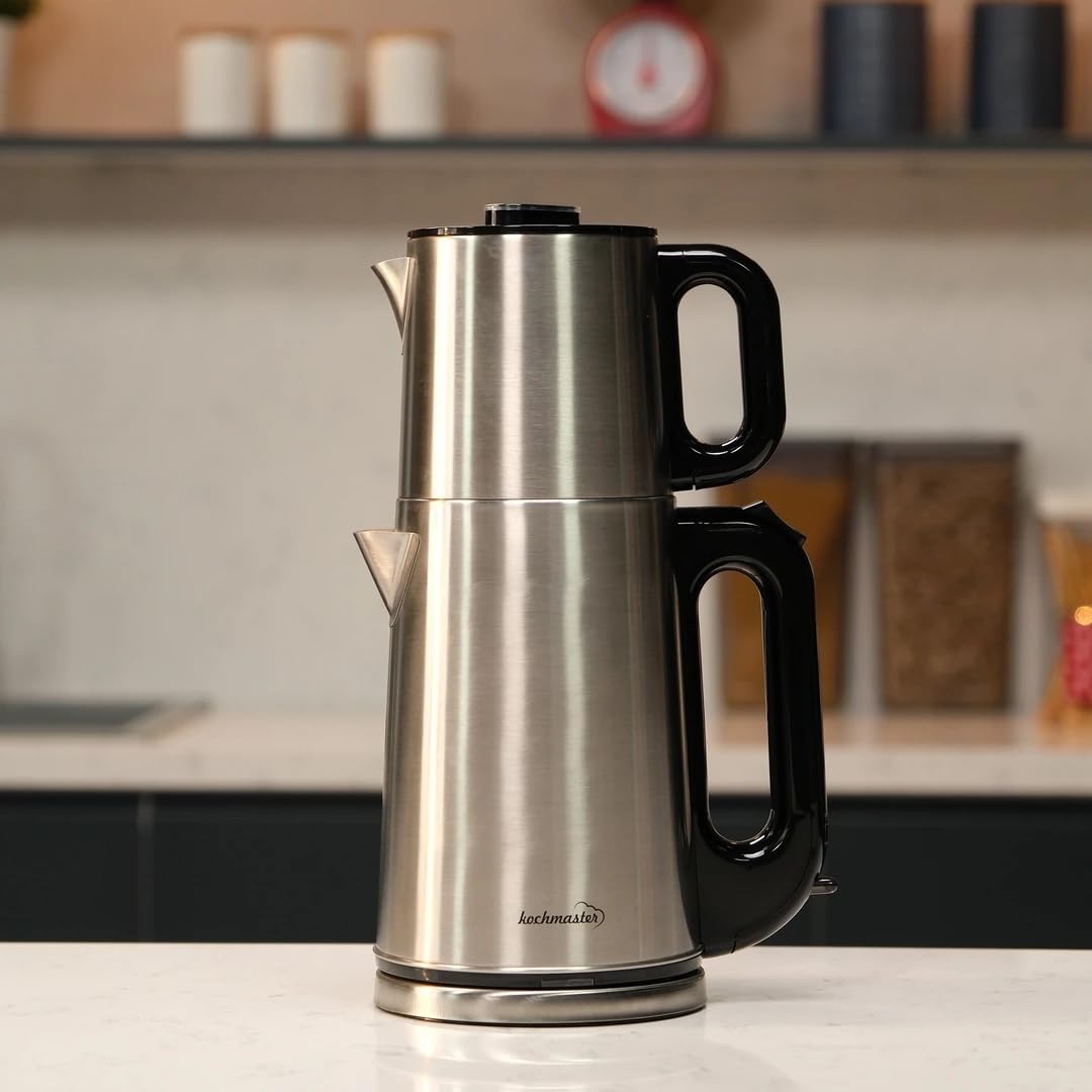 Dem Efendi Teekocher – 2,0L + 1,0L, 1800W, Edelstahl Teemaschine, Warmhaltefunktion, 360° Basis, Türkischer Teekocher