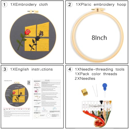 Image of Rose Embroidery Kits for Beginners Adults, Hand Embroidery Starters Kits, Floral Stamped Cross Stitch Kits Needlepoint Kits for Adults Anniversary Valentine's Day Gift, Embroidery Hoop, Video Tutorial
