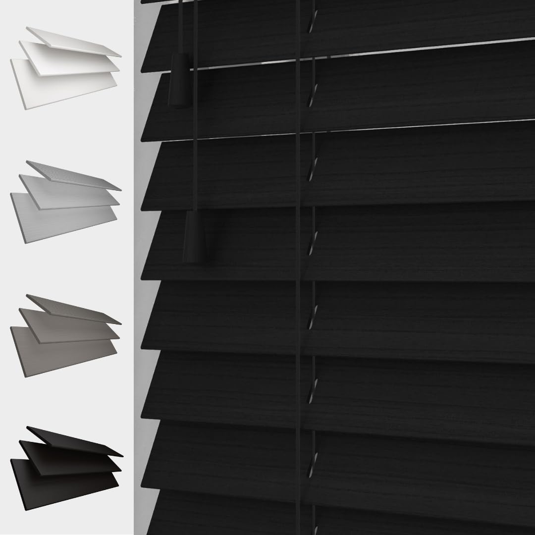 Caecus Black Faux Wood Venetian Blind [, 75Cm Width X 120Cm Drop, String]