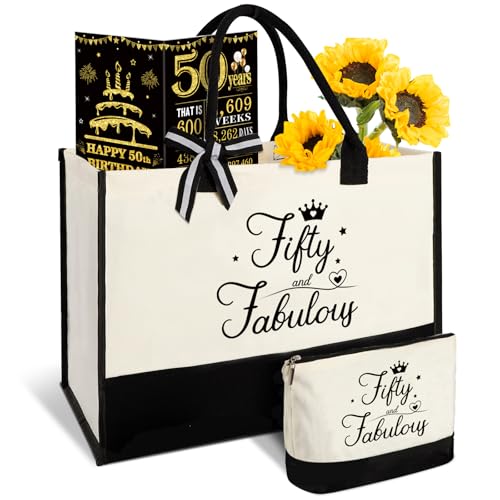 Presentes de aniversário de 50 anos para mulheres 50 e fabulosa bolsa de lona para viagem, presentes exclusivos de 50 anos para esposa, irmã, mãe, tia amigas, ela, bolsa de cosméticos e pôster de
