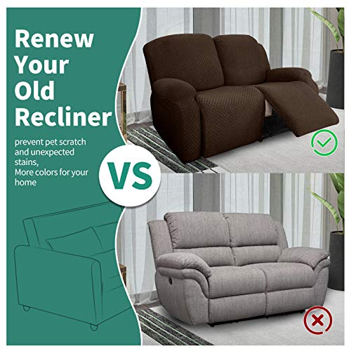 Image of YEMYHOM 6 Pieces Stretch Loveseat Recliner Slipcover Jacquard Recliner Sofa Cover with Side Pocket Fitted Recliner Cover Couch Furniture Protector with Elastic Bottom (Loveseat Recliner, Dark Coffee)