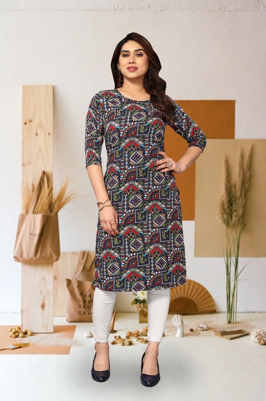 Image of JAKHANA Women's Crepe Printed Casual Straight Calf Length Round Nick Kurta Pack of 4