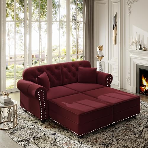 Image of KEIKI 63 inch Velvet Chesterfield Sofa with Rolled Arms & Nailhead Trim & 2 Ottoman, Modern 2-Seater Button Tufted Couch with High Resilience Cushion & 2 Pillow, Easy Assembly, for Living Room, Burgundy