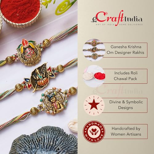 Image of eCraftIndia Set of 3 Lord Ganesha Krishna Om Designer Rakhi with Best Bro Ever Fridge Magnet & Roli Chawal Pack | Rakhi for Brother Bhabhi Kids | Traditional Raksha Bandhan Thread Set