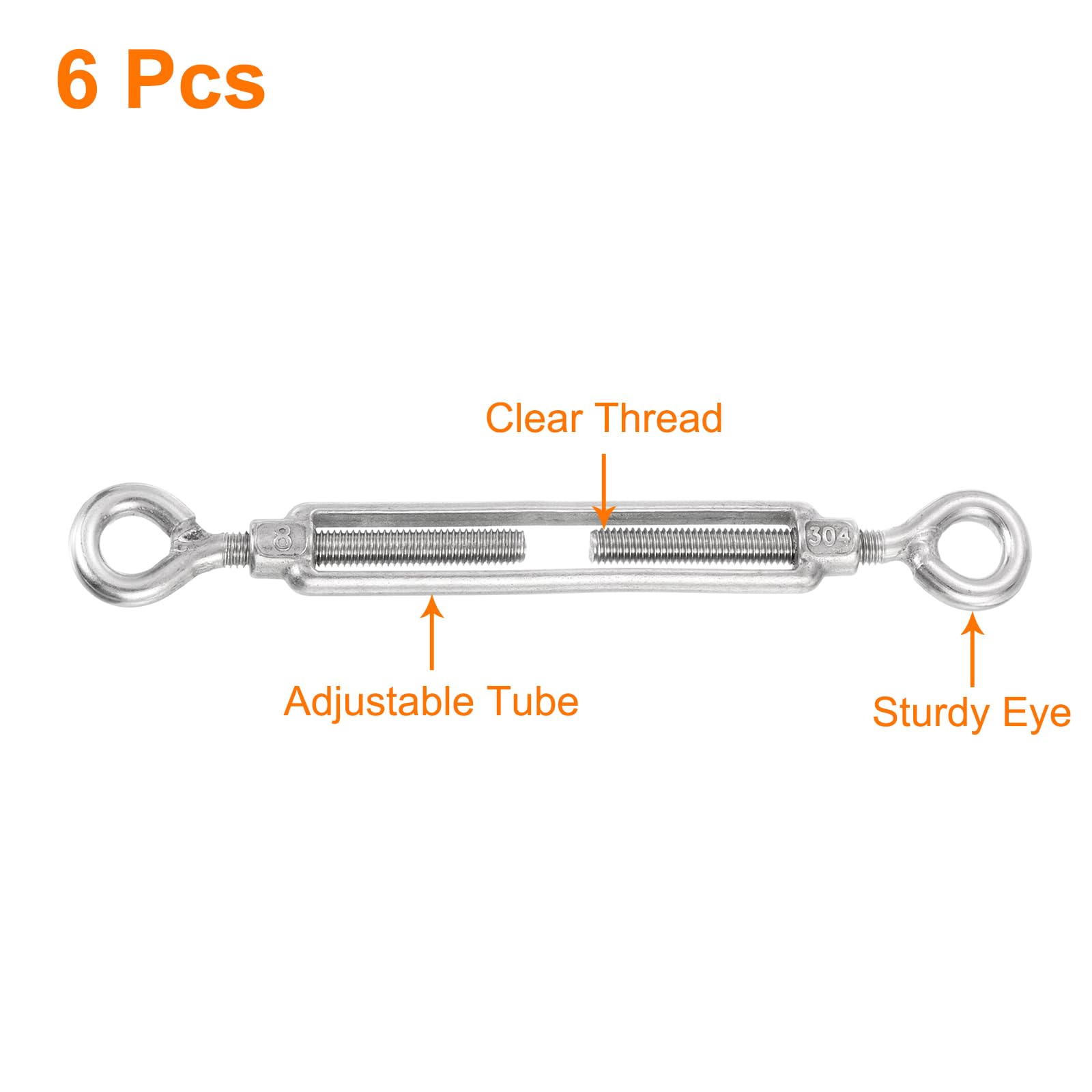QUARKZMAN 6Pz Tenditore Fune Metallico con Occhiello e Tenditori M8, Tenditore Cavo Regolabile con Tenditore in Acciaio Inossidabile 304 Navigazione Ombreggiante, Stendibiancheria
