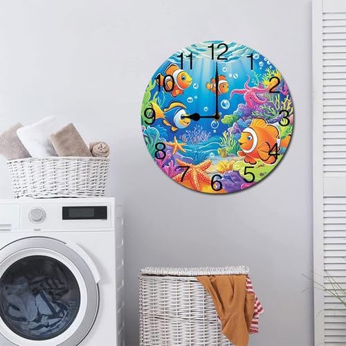 Underwater Life Fish Algae Coral Reef Shark Starfish Round Wood Wall Clock, 10 Inch Battery Operated Analog Quiet Desk Clock for Home,Kitchen,Office,School,Bathroom