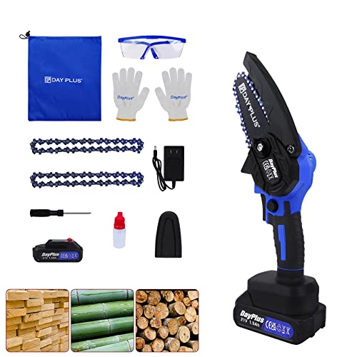 Mini Tronçonneuse à Batterie, 4-Pouces Tronçonneuse Electrique Sans Fil Brushless avec Bouton de Sécurité, 1.5Ah Batterie et 2 Chaînes, Scie Électrique à Main Pour Jardinage, Elagueurs, Coupes à Bois